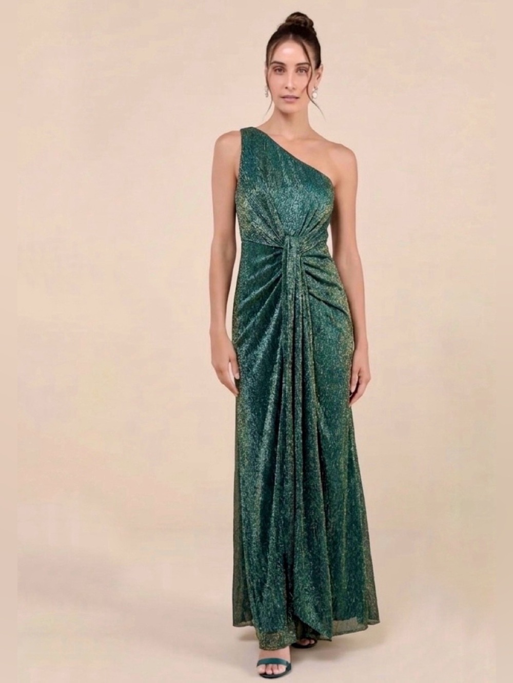 NWT LULUS Glamorous Glitz Shiny Teal Green One-Shoulder Maxi Dress {Small}
